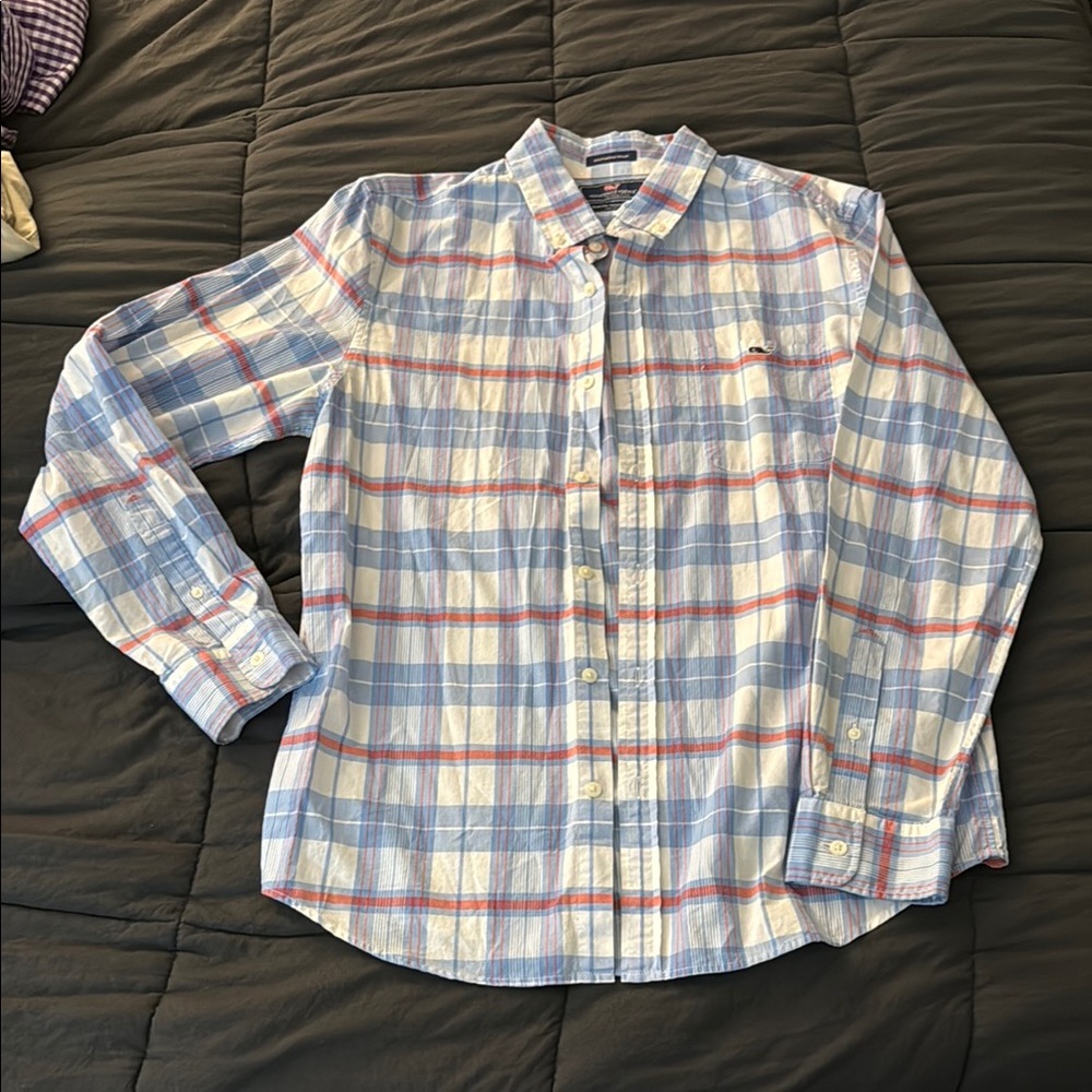 Vineyard Vines Light Blue and Red Plaid Shirt